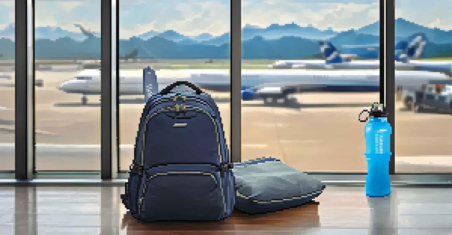 A backpack and a tote bag next to a travel pillow and a water bottle, in a busy airport terminal with travelers and large windows.
