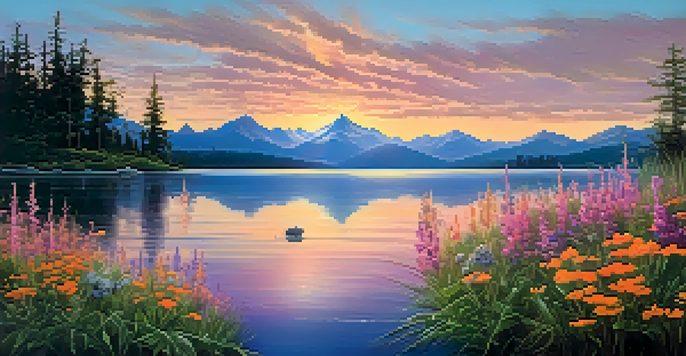 A beautiful landscape with a calm lake and colorful wildflowers in front of towering mountains at sunset.