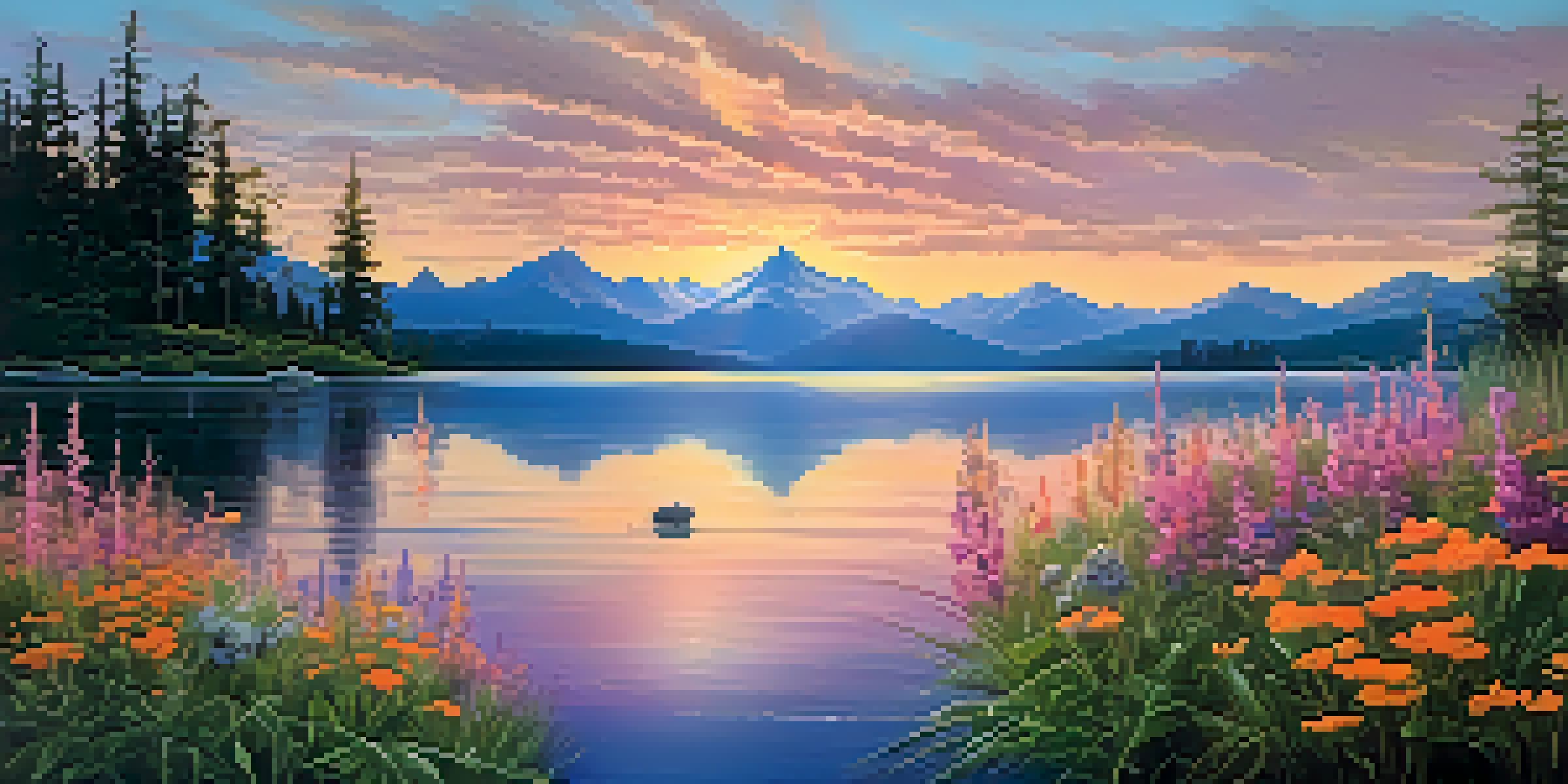 A beautiful landscape with a calm lake and colorful wildflowers in front of towering mountains at sunset.