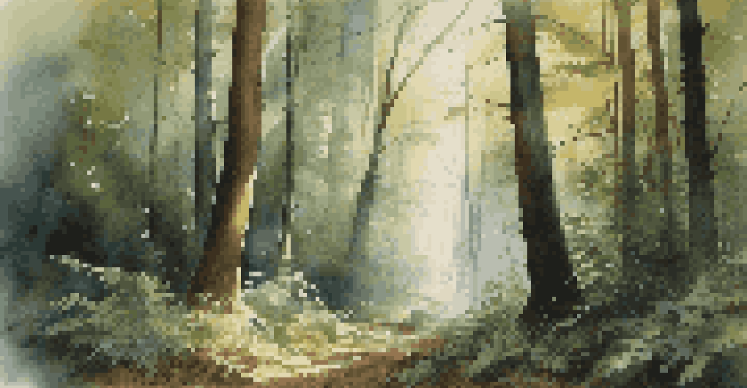 A dense forest in Georgia with tall trees and dappled sunlight, creating a suspenseful atmosphere.