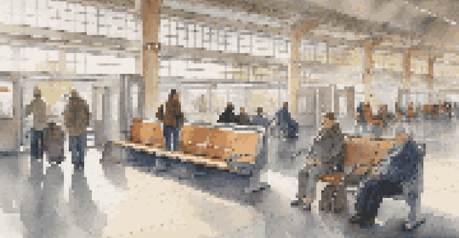 A modern train station with accessible waiting areas and diverse travelers, with large windows allowing natural light.