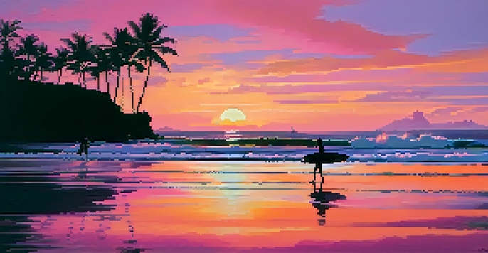 A sunset beach scene in Bali with surfers and palm trees, showcasing gentle waves and a colorful sky.