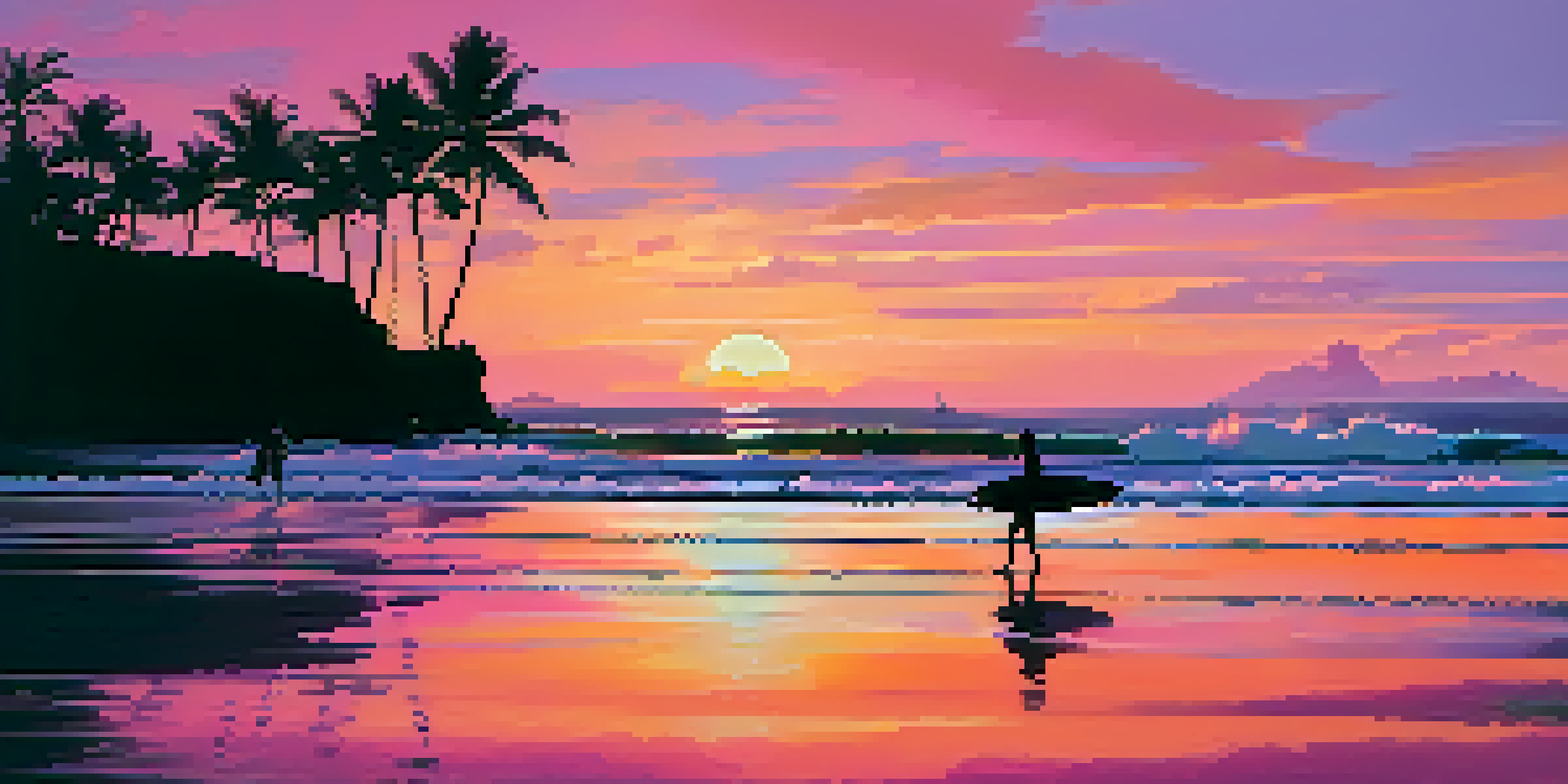 A sunset beach scene in Bali with surfers and palm trees, showcasing gentle waves and a colorful sky.