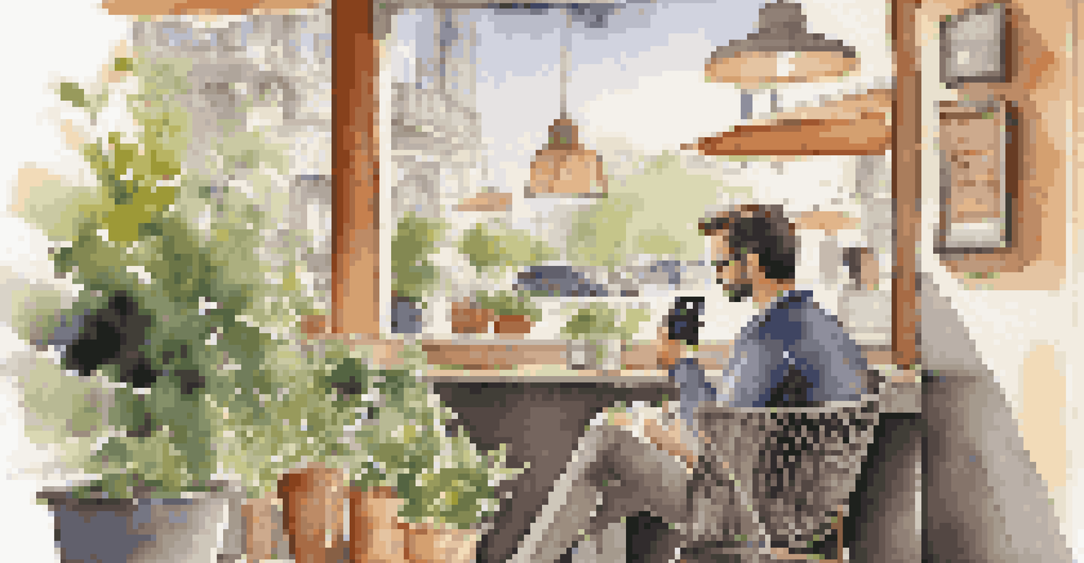 A traveler at a café table looking at a smartphone, surrounded by a modern café interior with sunlight and plants.