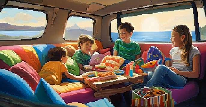 A family car interior filled with happy children, colorful pillows, and snacks, with sunlight streaming in.