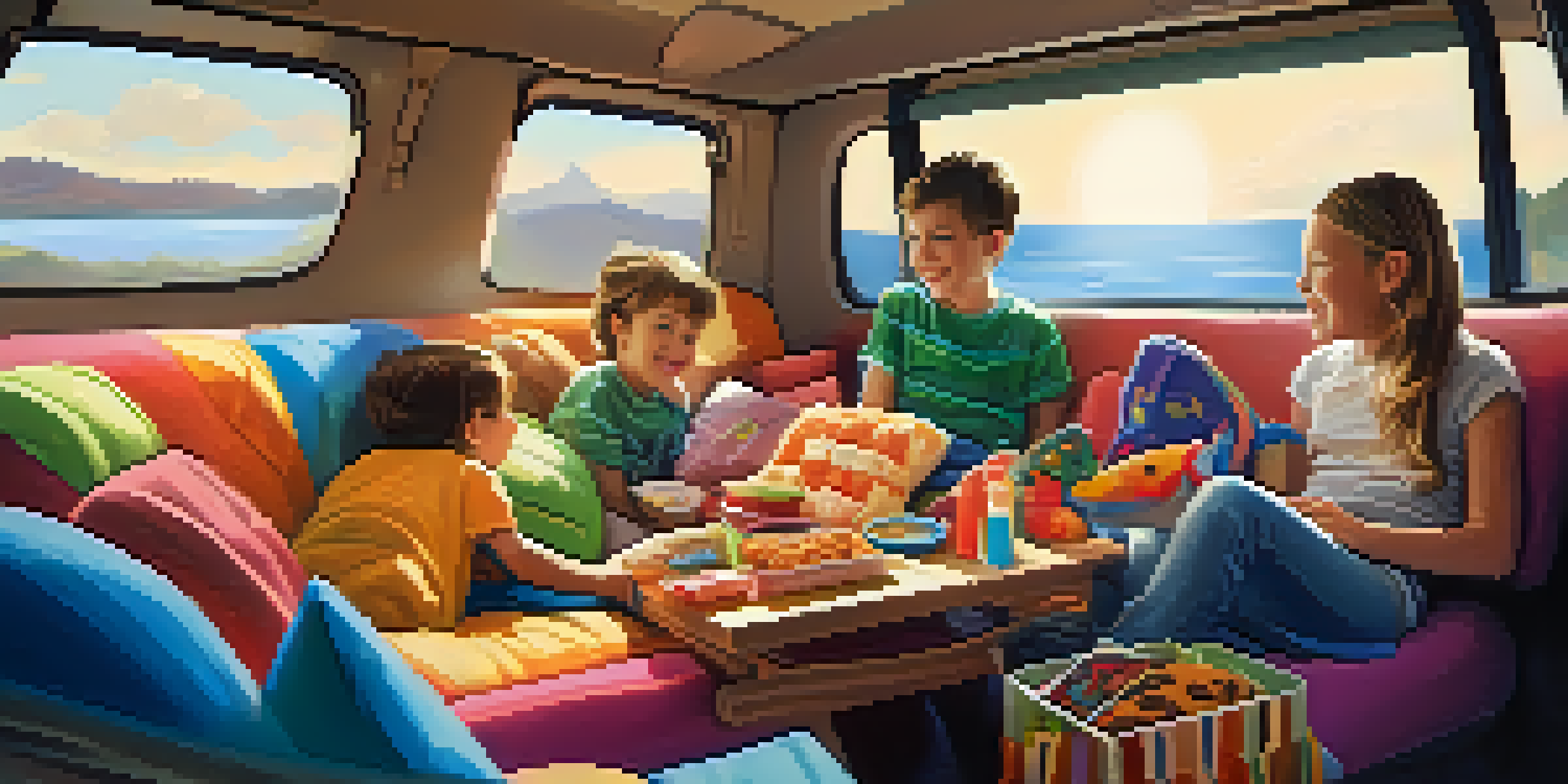 A family car interior filled with happy children, colorful pillows, and snacks, with sunlight streaming in.