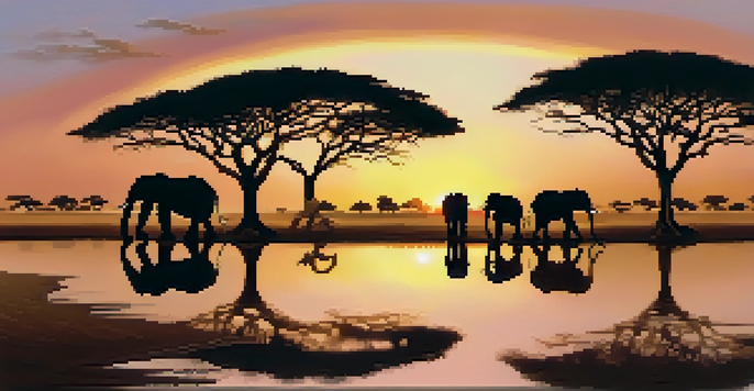 A peaceful scene of African elephants grazing near a watering hole at sunrise, with acacia trees in the background.