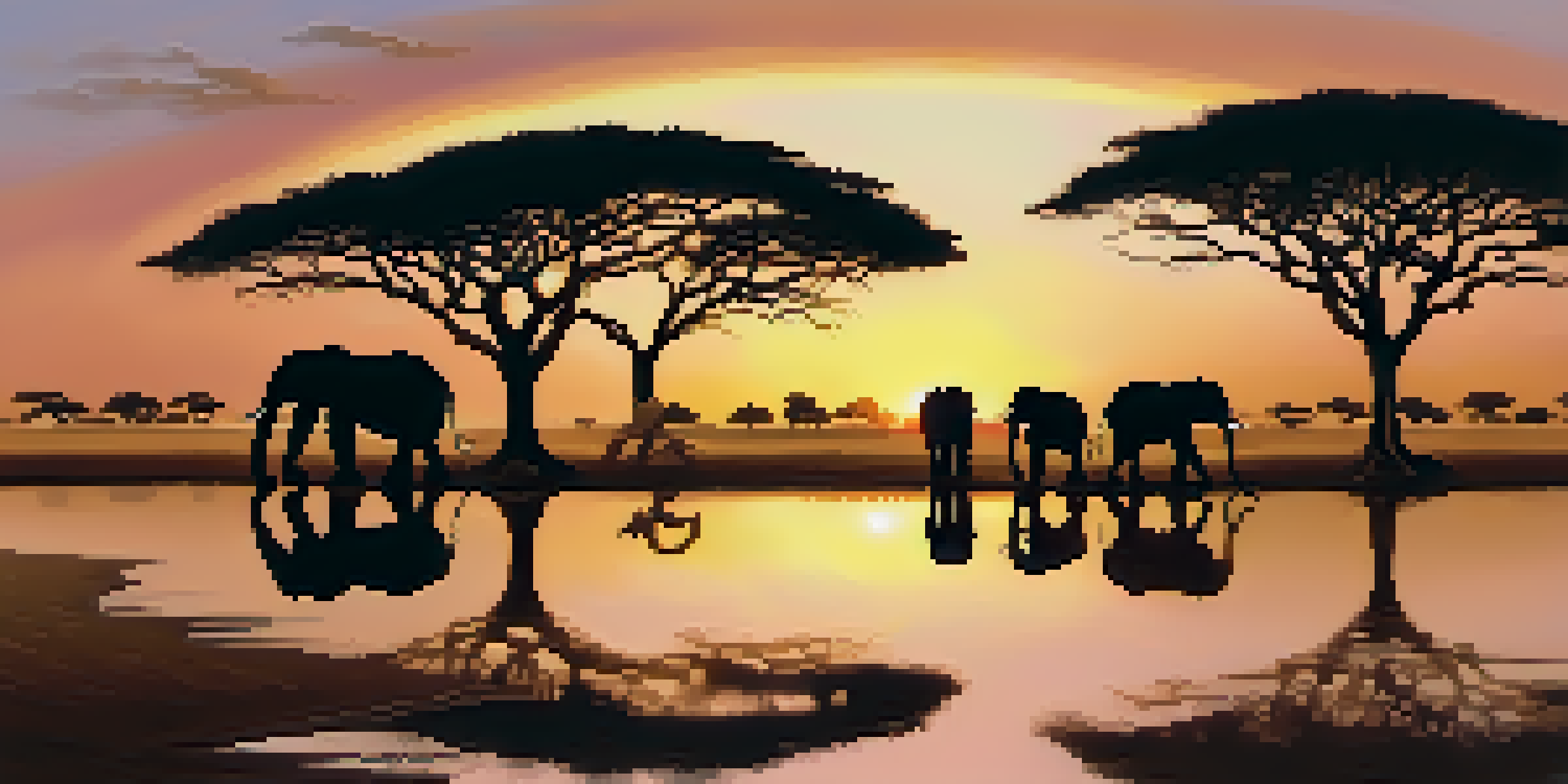A peaceful scene of African elephants grazing near a watering hole at sunrise, with acacia trees in the background.