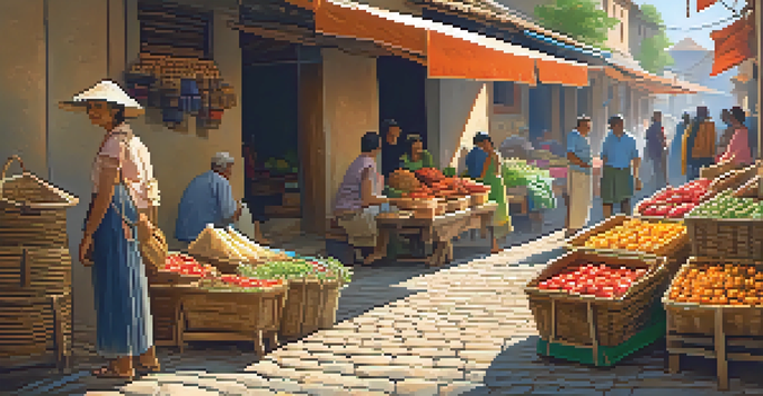 A bustling street market with colorful stalls and a local vendor interacting with a traveler, showcasing fresh produce and handmade crafts.