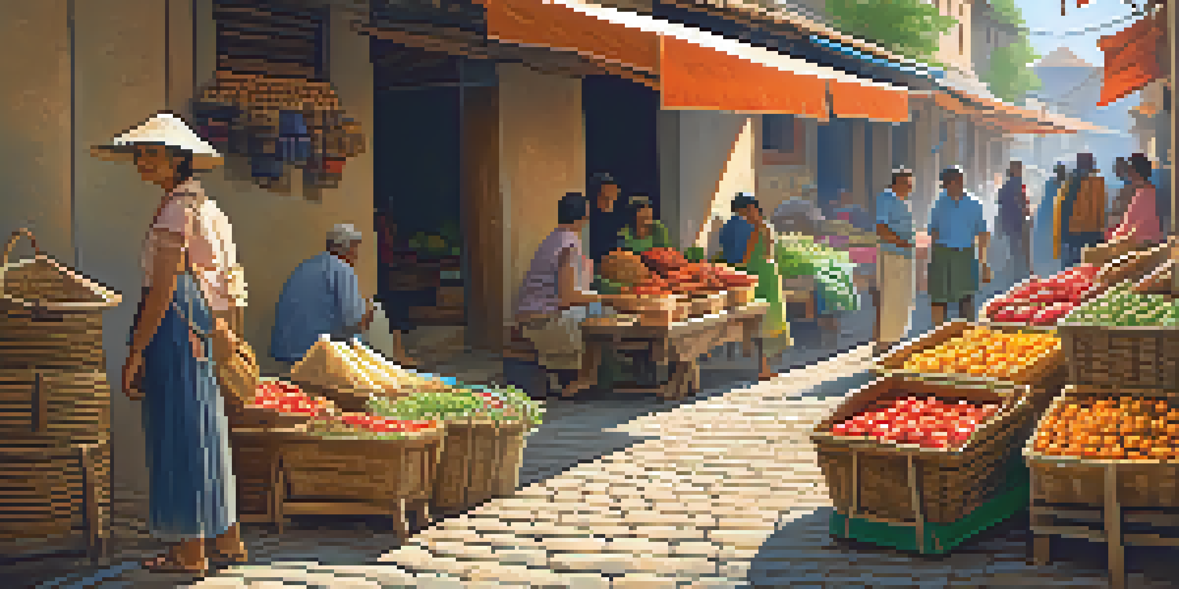 A bustling street market with colorful stalls and a local vendor interacting with a traveler, showcasing fresh produce and handmade crafts.