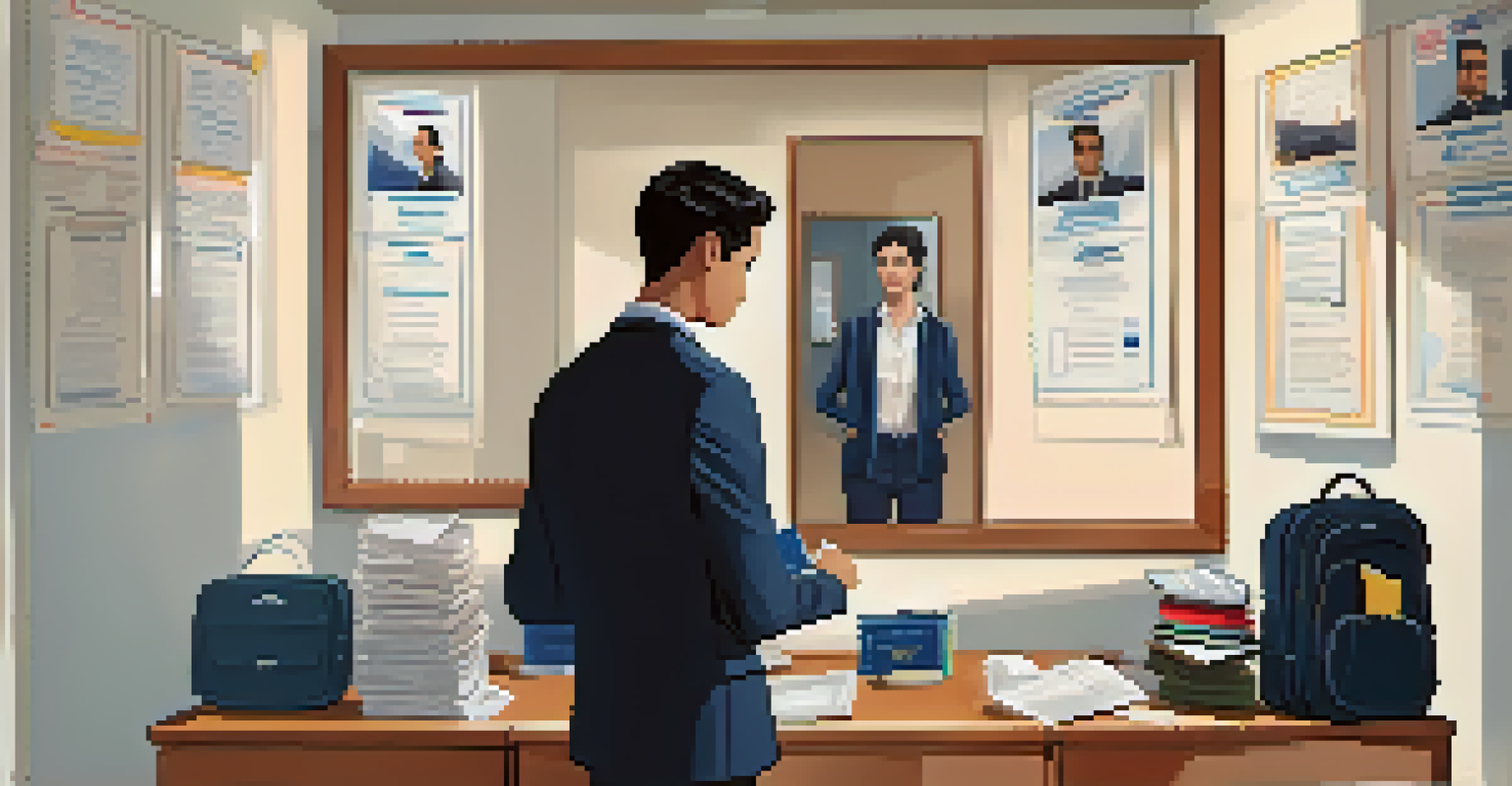A student adjusting their attire in front of a mirror, preparing for a visa interview, with a suitcase packed in the background.