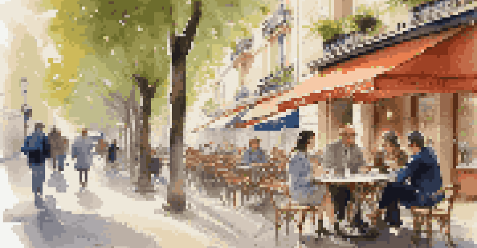 A traveler studying on a phone at a café in Paris with a coffee and beautiful architecture in the background.