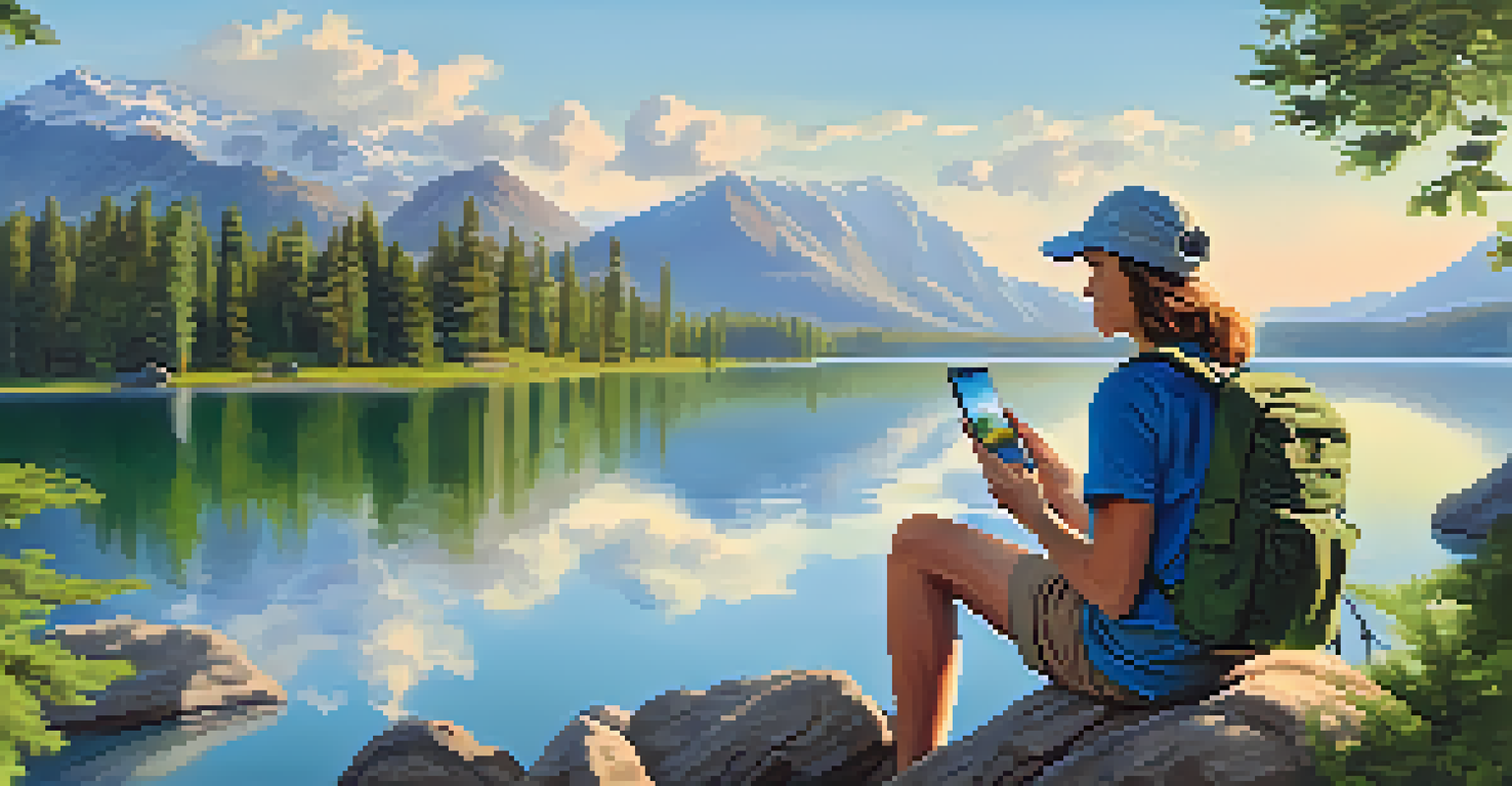 A traveler using a smartphone by a lake, surrounded by nature, with a portable charger and water bottle nearby.