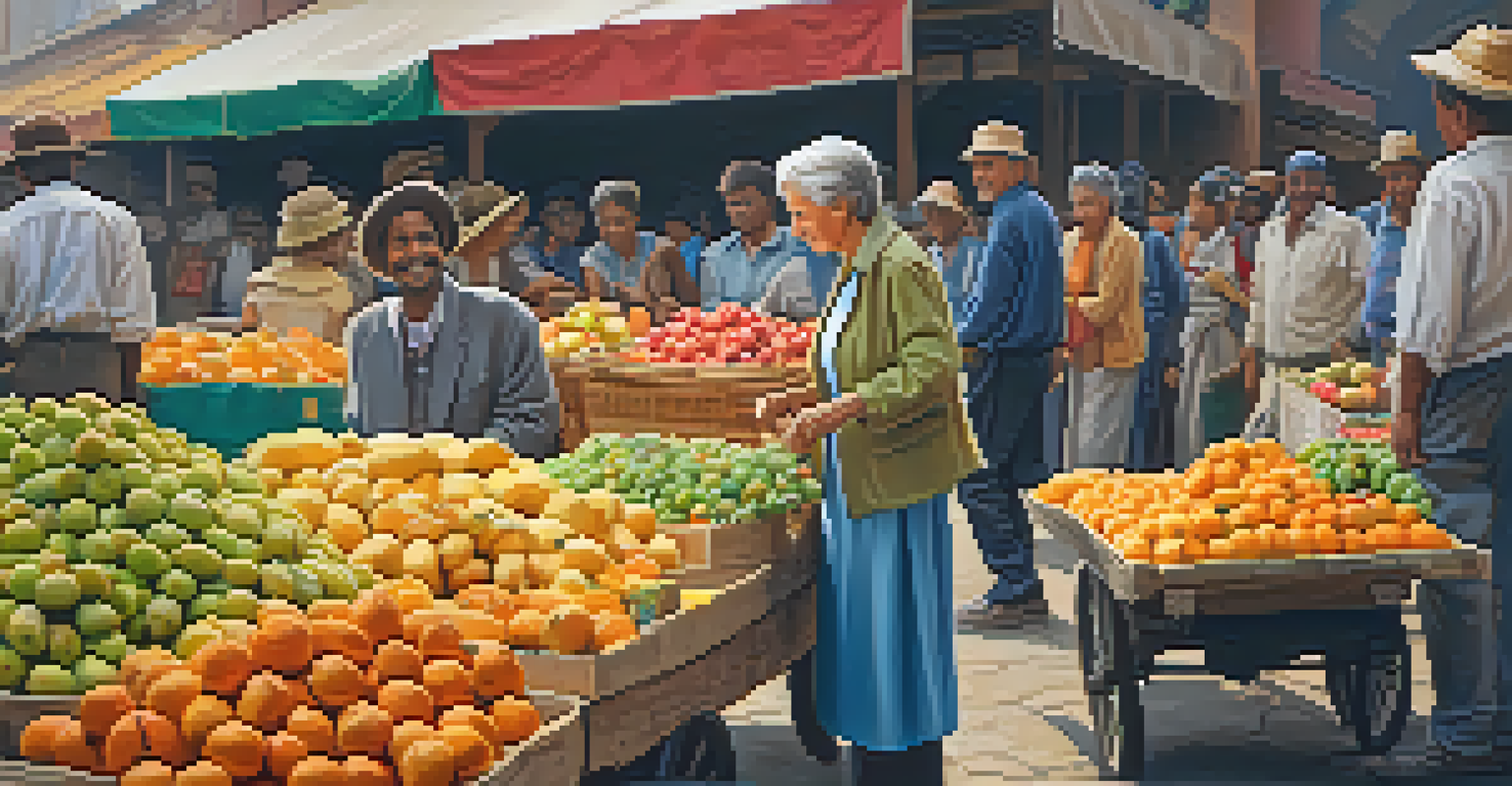 A lively market scene focusing on a smiling vendor selling colorful fruits, with a blurred background of shoppers.