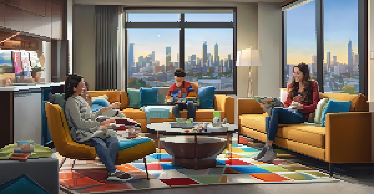 A family room in a hotel with two beds and a game console, featuring a family enjoying game night.