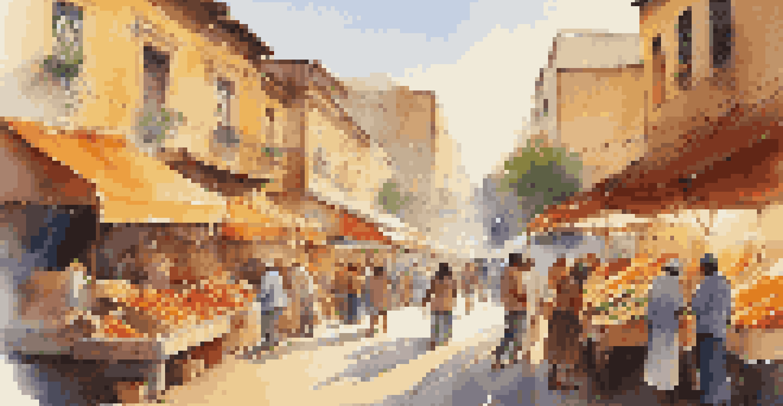 A lively street market with colorful stalls, people interacting, and children playing under the afternoon sun.