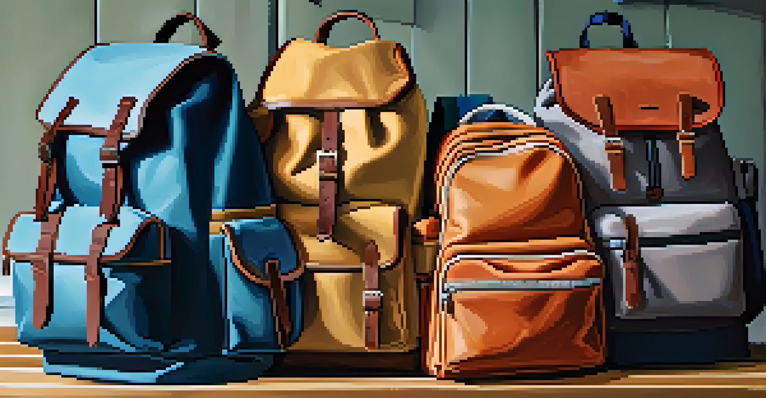 A variety of travel backpacks in different sizes and colors on a wooden table.
