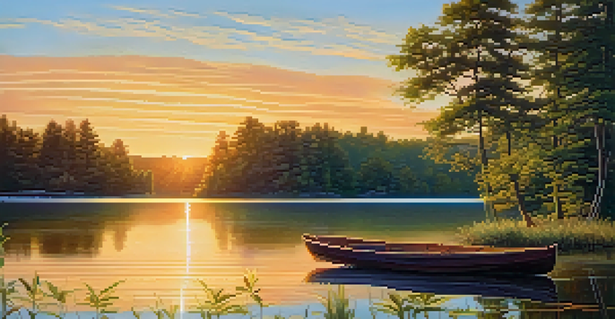 A tranquil lake at sunset, surrounded by green trees and a wooden boat floating on the water.
