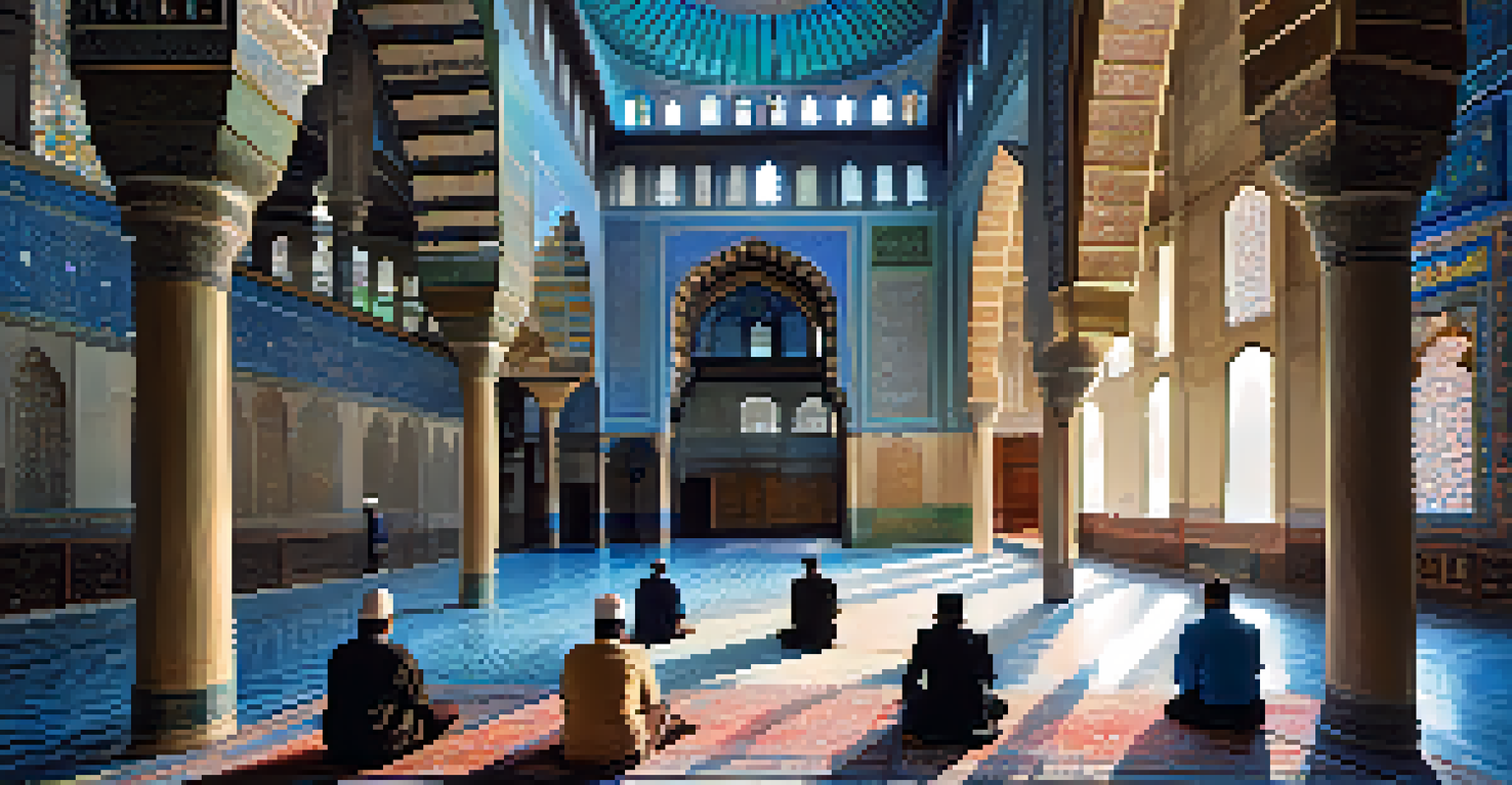Interior view of the Blue Mosque with blue tiles and soft light filtering through stained glass windows.