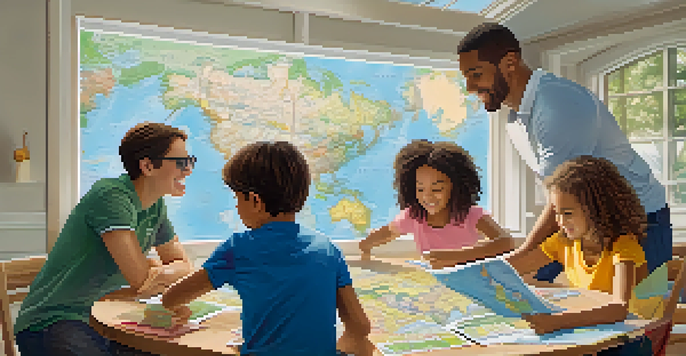 A family planning their vacation together at a table filled with travel brochures and a laptop displaying a map.
