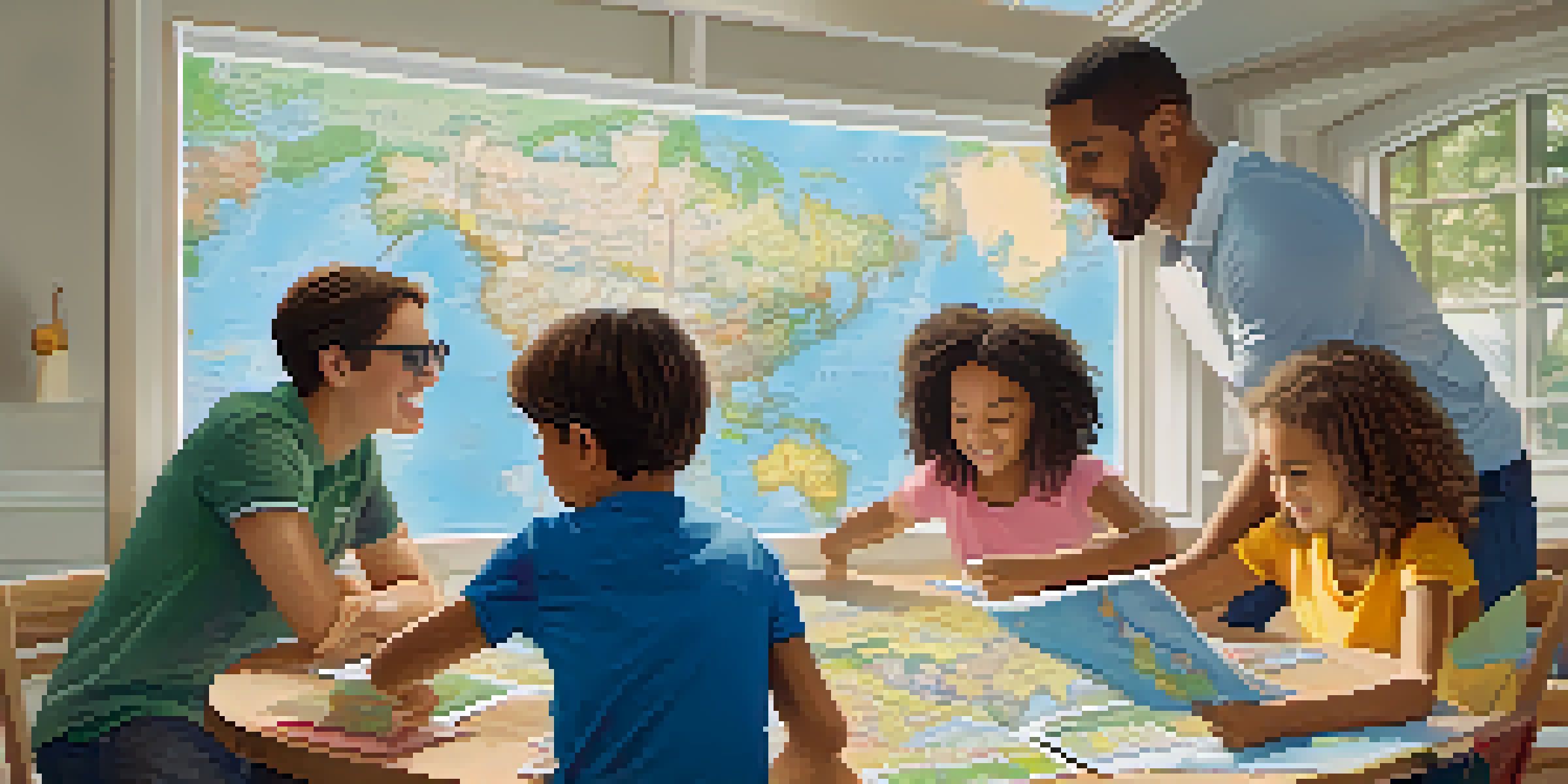 A family planning their vacation together at a table filled with travel brochures and a laptop displaying a map.