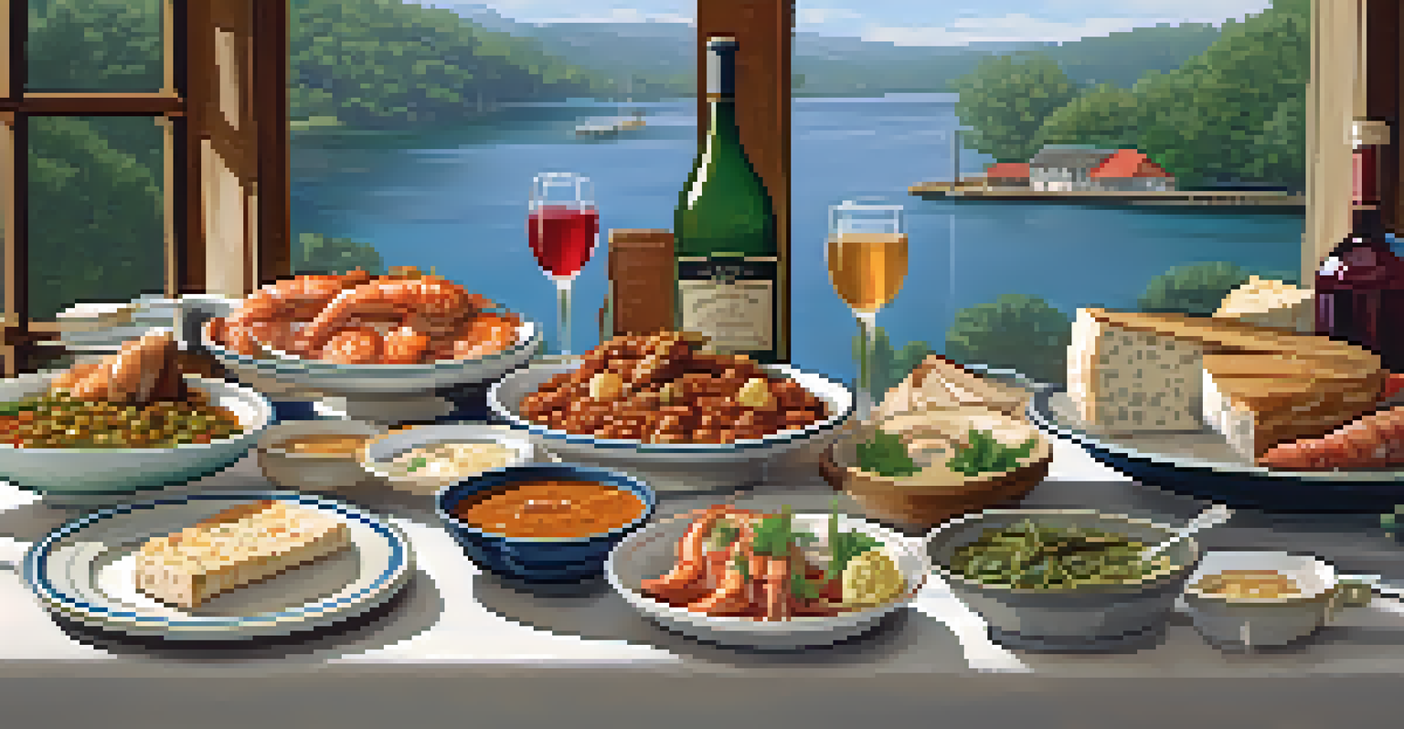 A dining table filled with diverse regional dishes from a culinary road trip, including gumbo and seafood, set in a rustic environment with natural lighting.