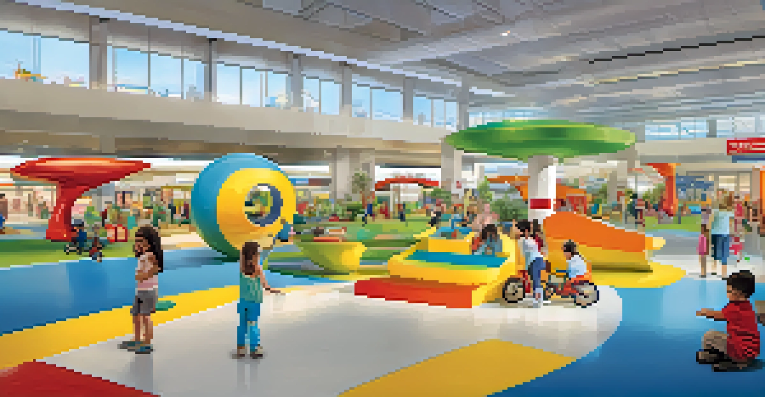 A lively airport play area for kids, filled with colorful play structures and families interacting.