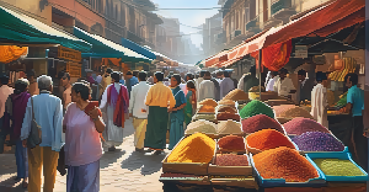 A street market scene with spices and textiles, filled with people interacting in warm light, showcasing the vibrancy of the environment.