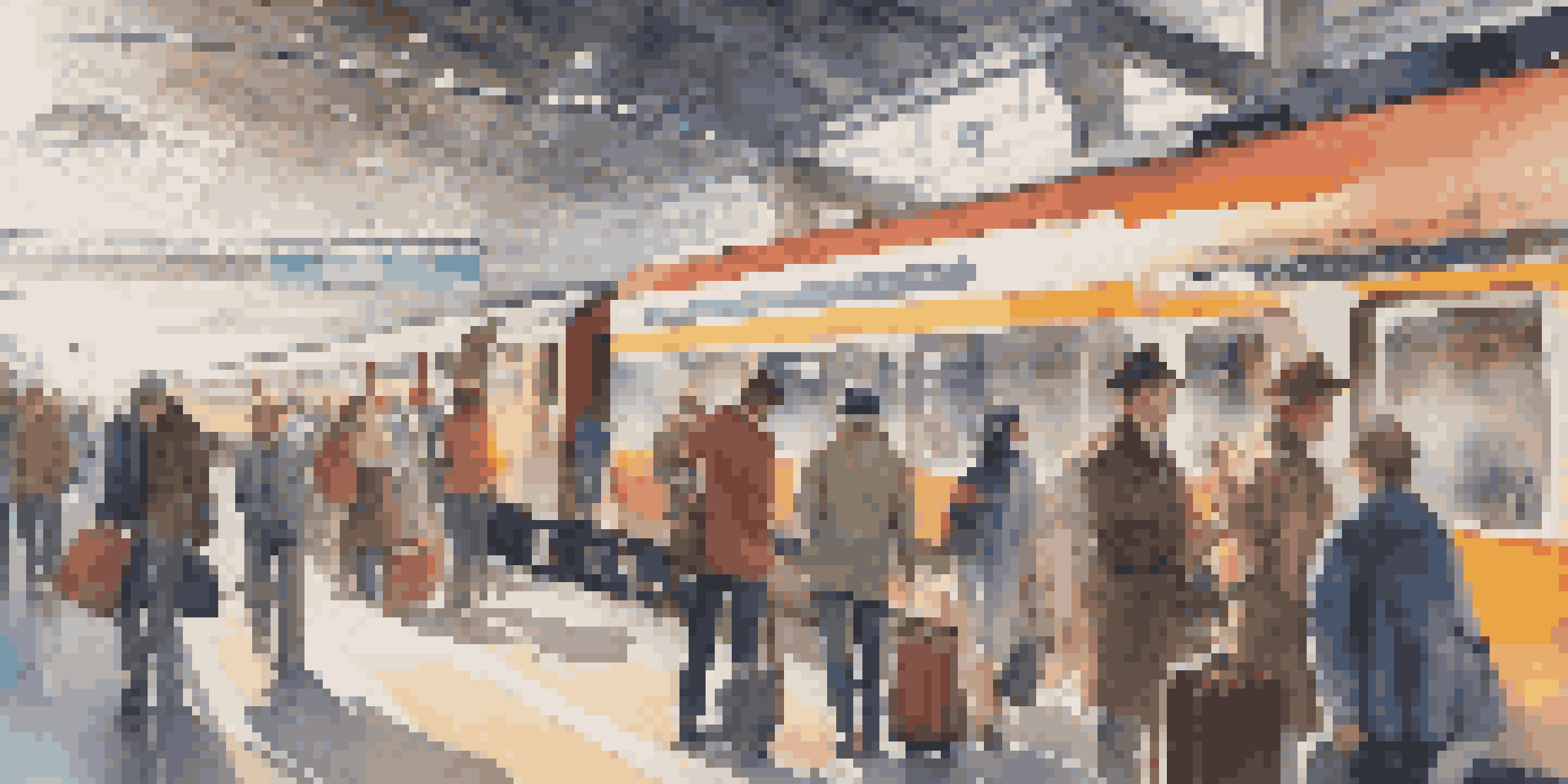 A crowded train station filled with travelers using smartphones, suitcases around, and train signs visible.