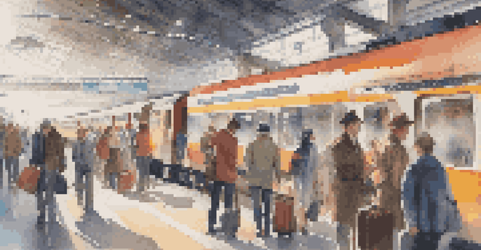 A crowded train station filled with travelers using smartphones, suitcases around, and train signs visible.