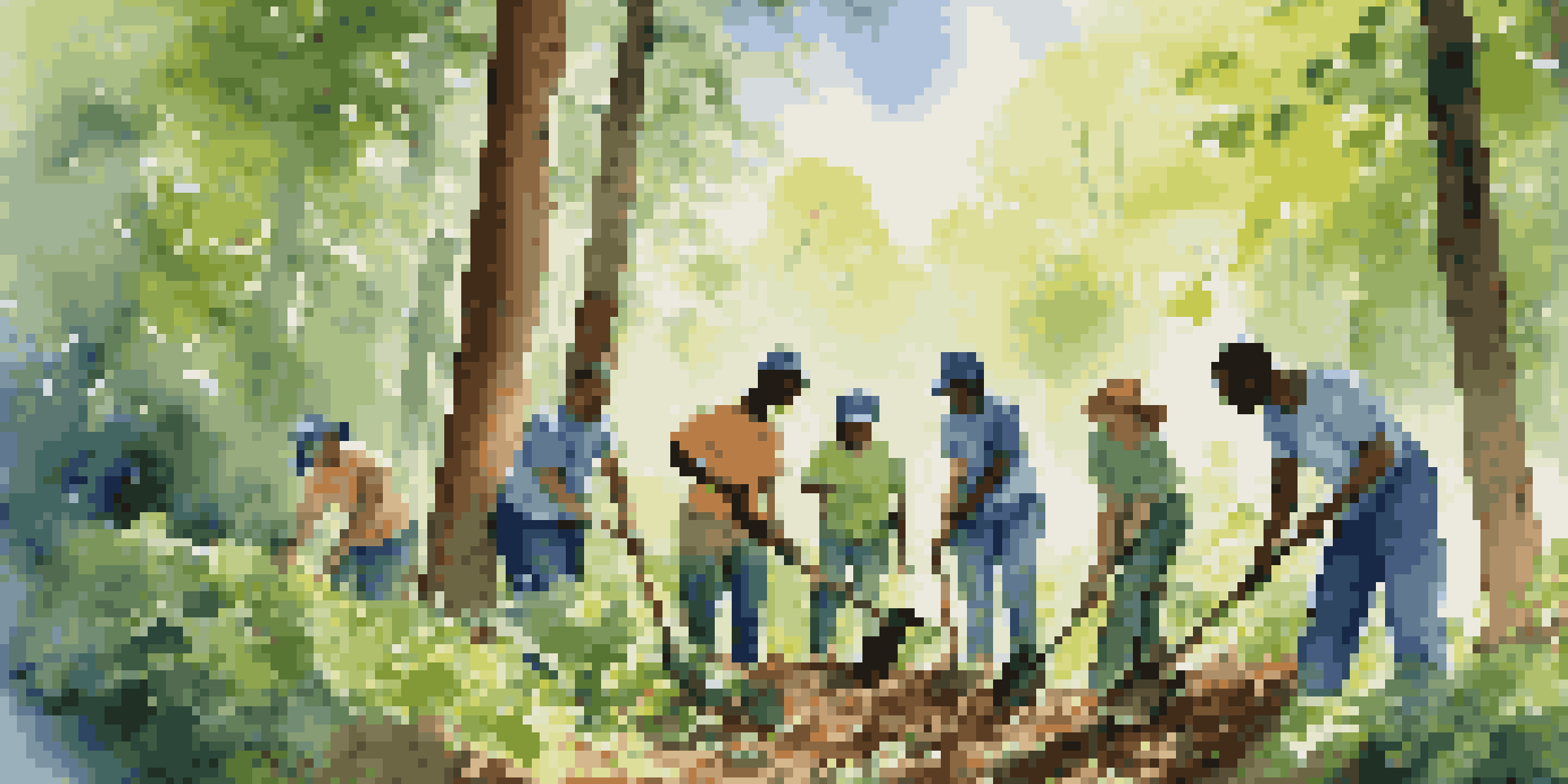 A diverse group of volunteers planting trees in a lush green forest under a clear blue sky.