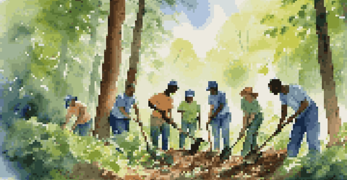 A diverse group of volunteers planting trees in a lush green forest under a clear blue sky.