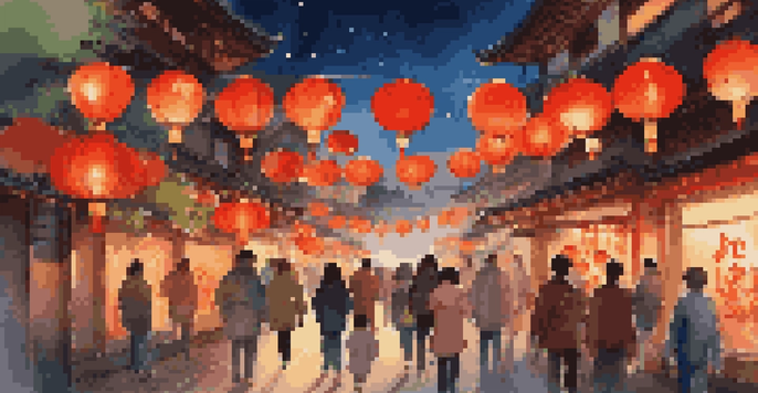 A lively street during the Lantern Festival, adorned with colorful lanterns and people enjoying the celebration under a starry sky.