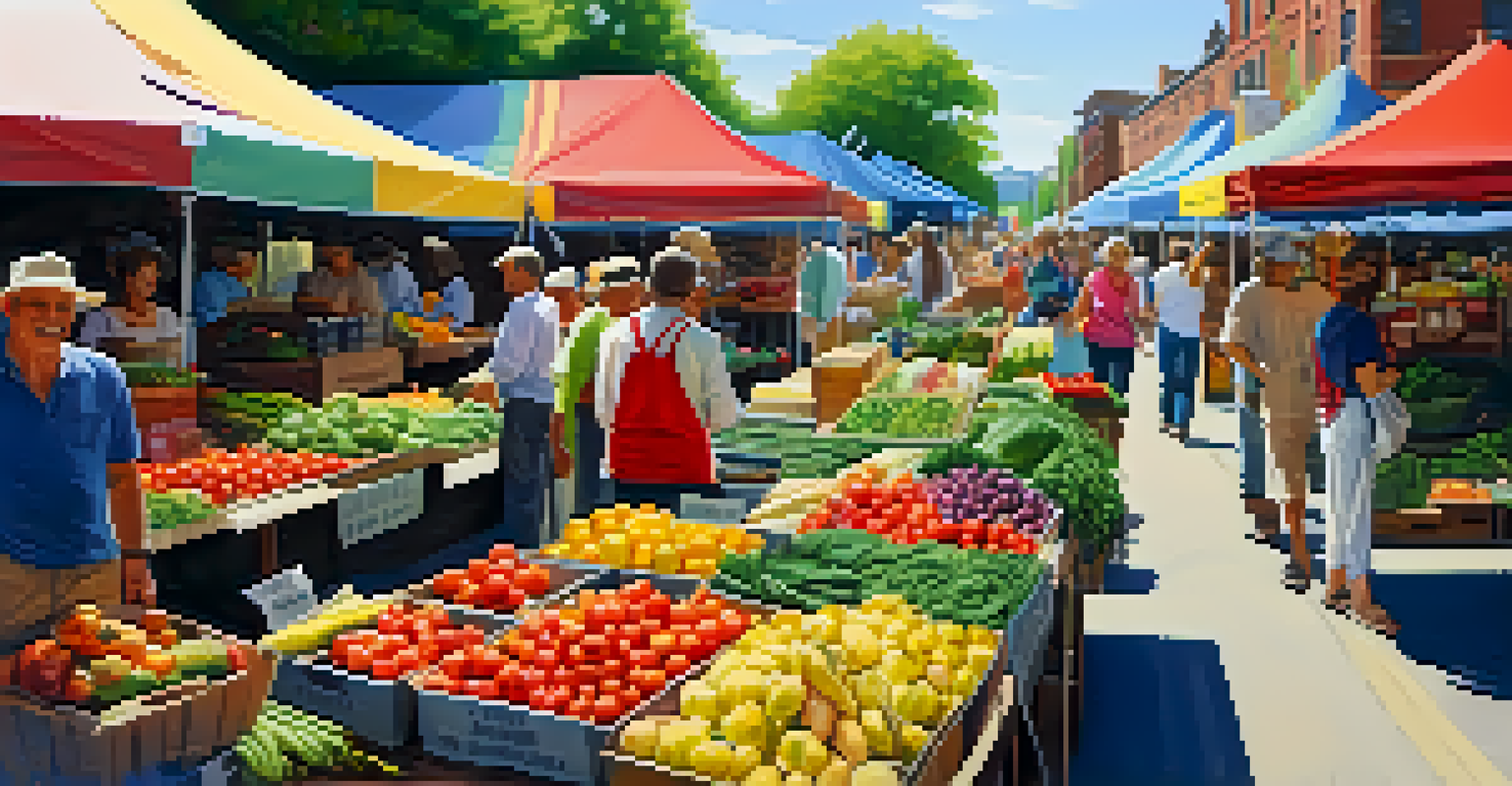 A lively farmers' market filled with colorful produce and people interacting, under a bright sunny sky.
