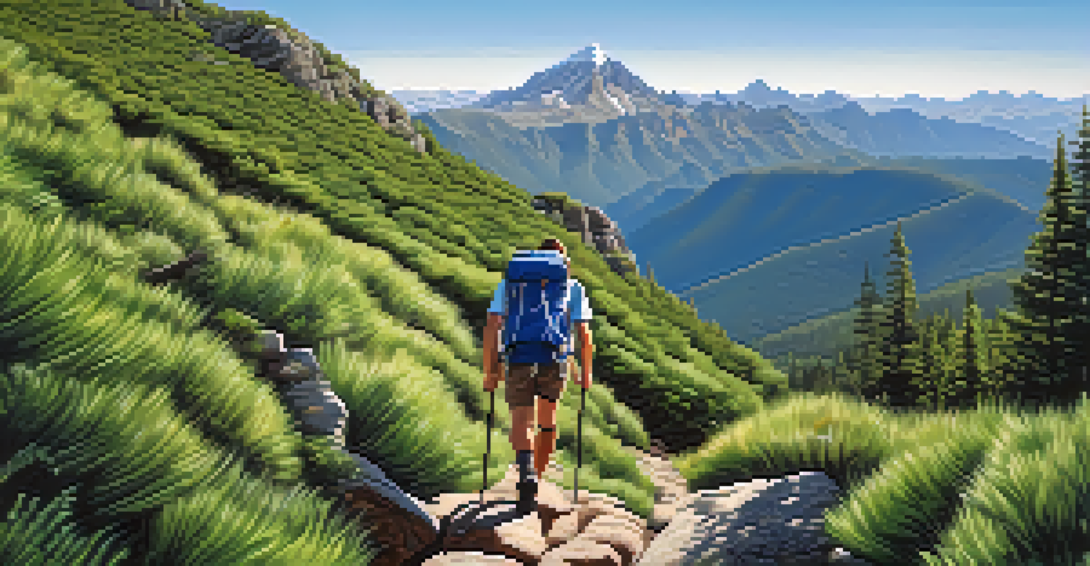 A hiker on a mountain trail, surrounded by nature and aiming for the summit.