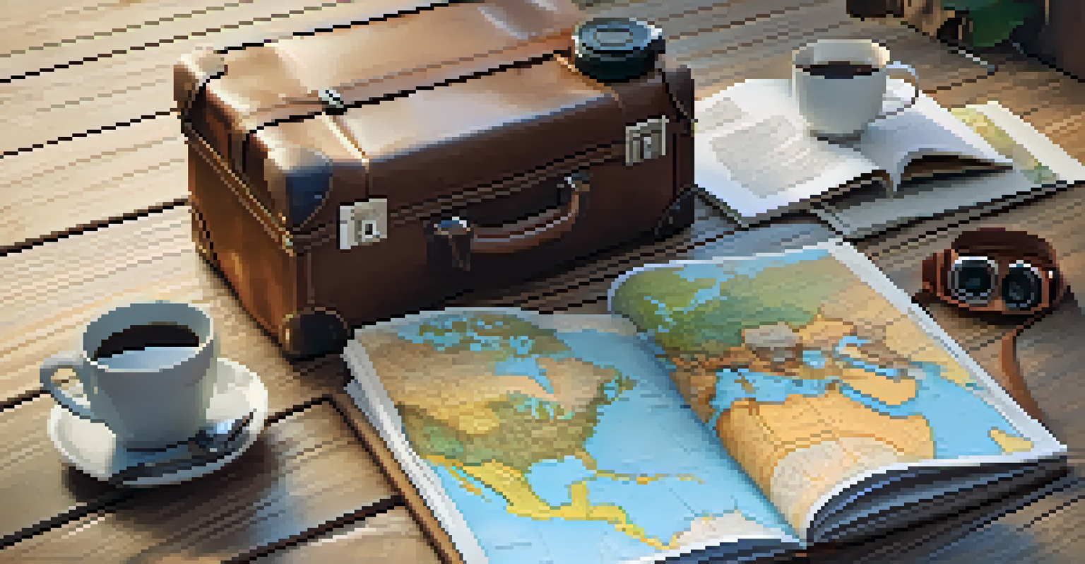 A travel scene showing an open suitcase with clothes, travel guides, and a cup of coffee on a wooden floor.