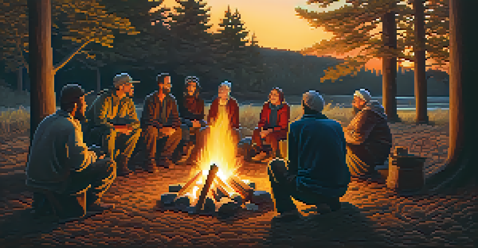 A diverse group of pilgrims sitting around a campfire at dusk, sharing stories and laughter.