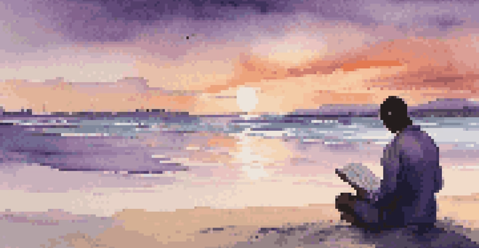 A person reading a book on a beach at sunset, with colorful skies and gentle waves.