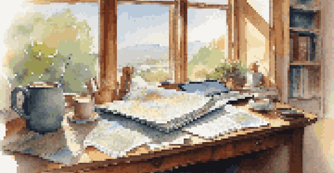 A traveler's desk with maps, a laptop, coffee cup, and a globe, illuminated by soft sunlight from a window.