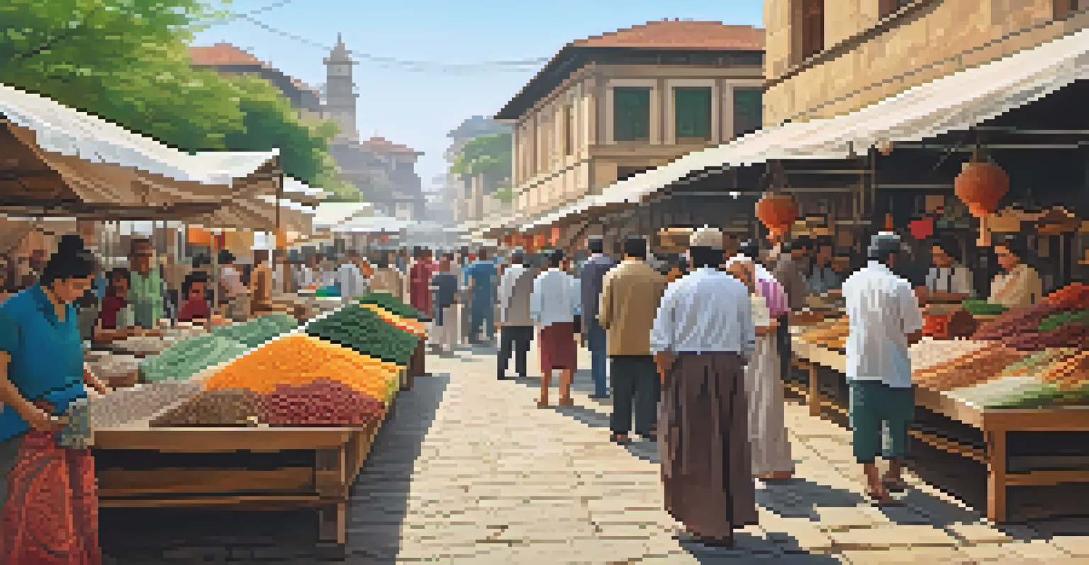 A lively market with artisans and colorful stalls near a UNESCO World Heritage Site.