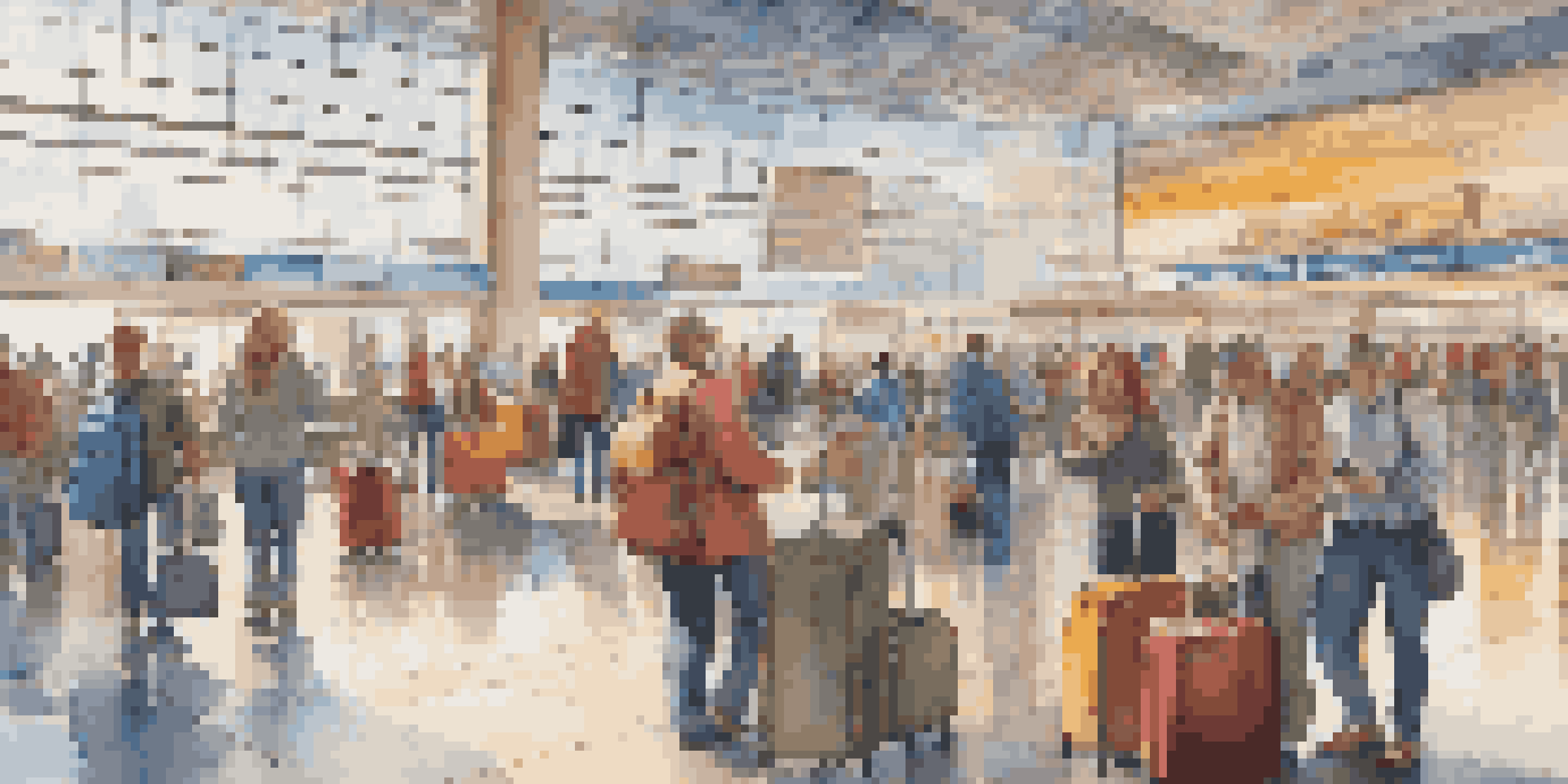 A busy airport terminal with travelers using smartphones and colorful luggage, illuminated by natural light.
