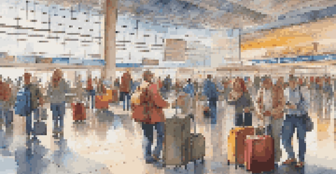 A busy airport terminal with travelers using smartphones and colorful luggage, illuminated by natural light.