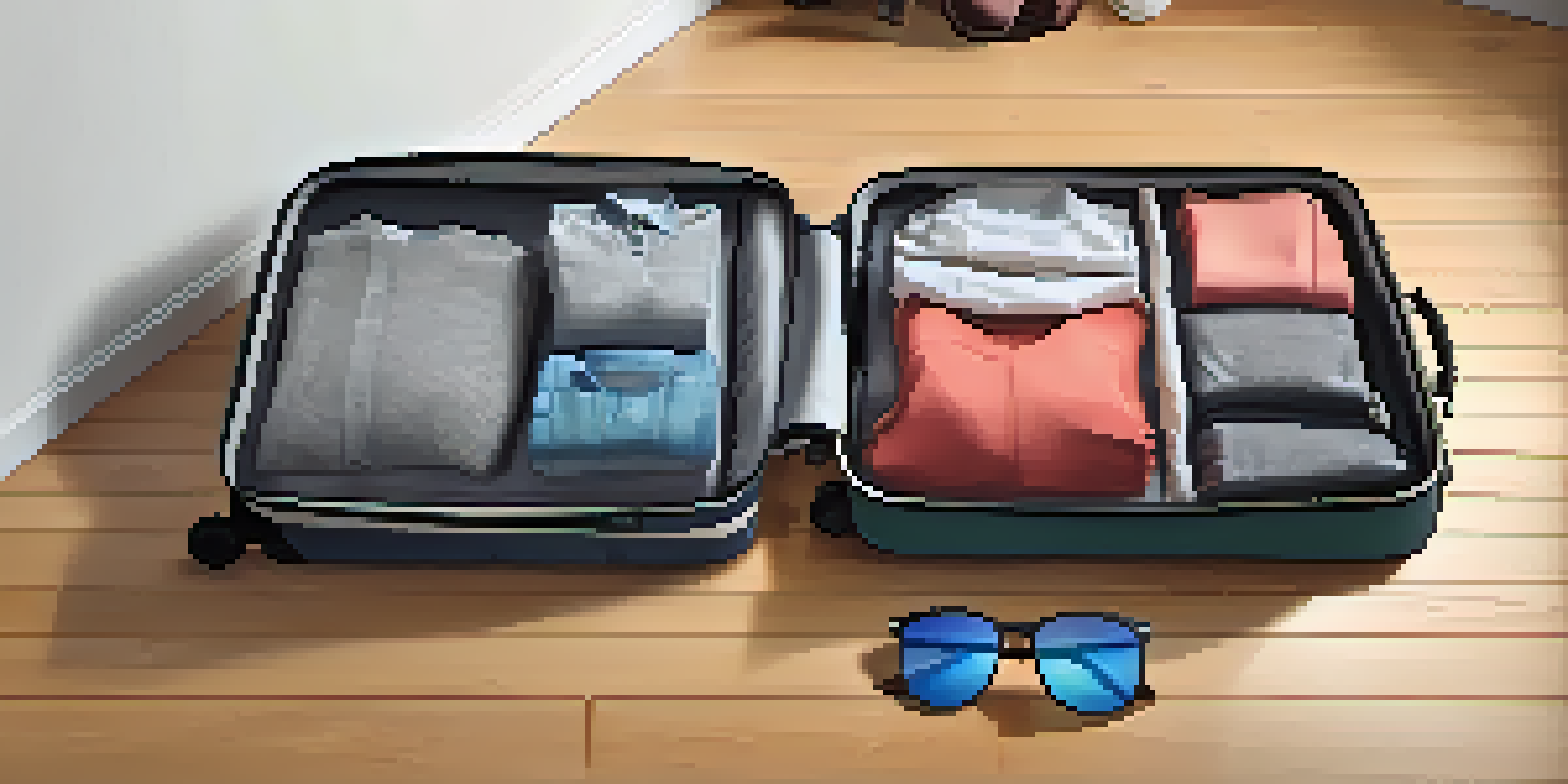 A suitcase filled with colorful packing cubes and versatile clothing, displayed on a wooden floor.