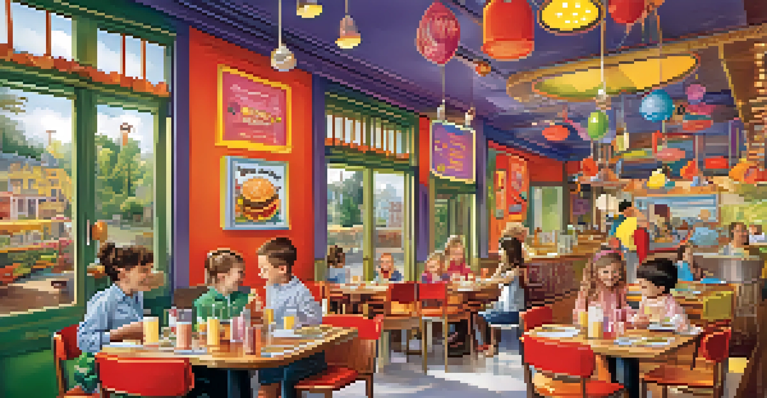 Children enjoying a themed restaurant experience with interactive menus and colorful dishes on the table.