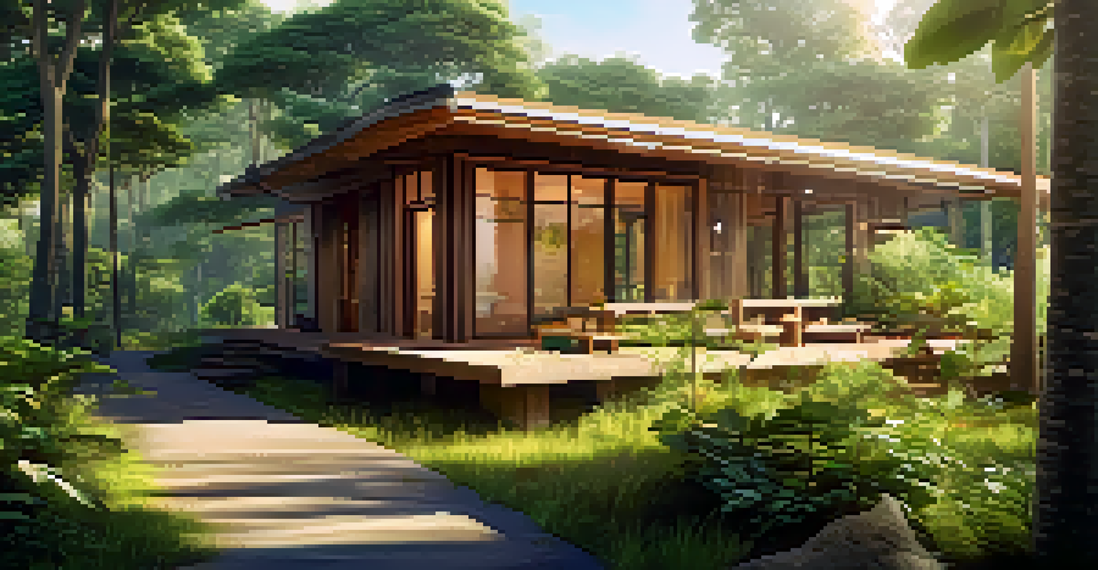 An eco-friendly lodge surrounded by greenery, showcasing solar panels and natural materials, bathed in soft sunlight.