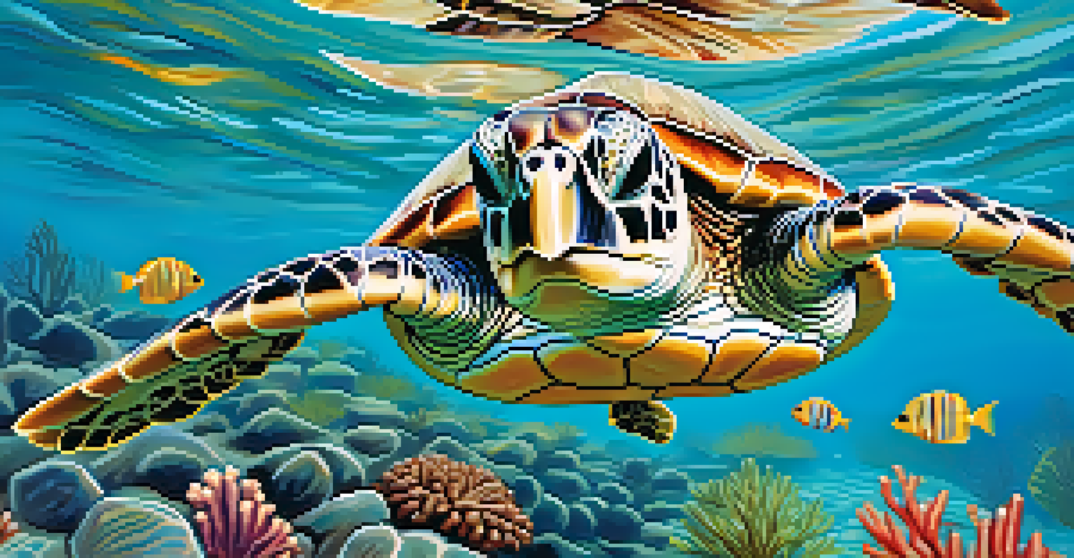 A close-up view of a sea turtle swimming in clear waters, surrounded by coral and colorful fish.