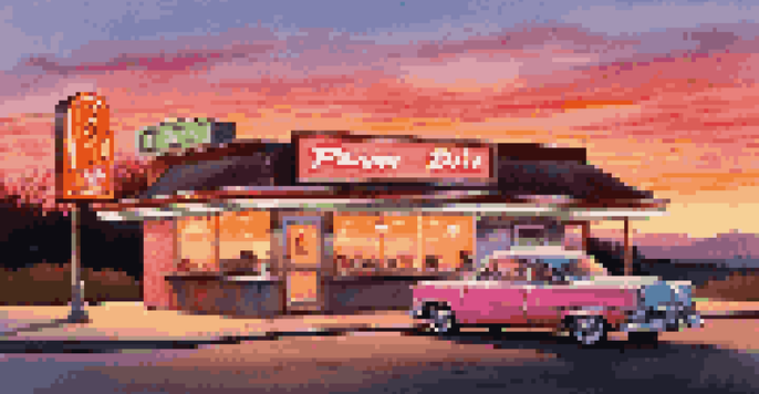 A colorful roadside diner with a neon sign and vintage car during sunset, featuring a slice of pecan pie and coffee on a table outside.
