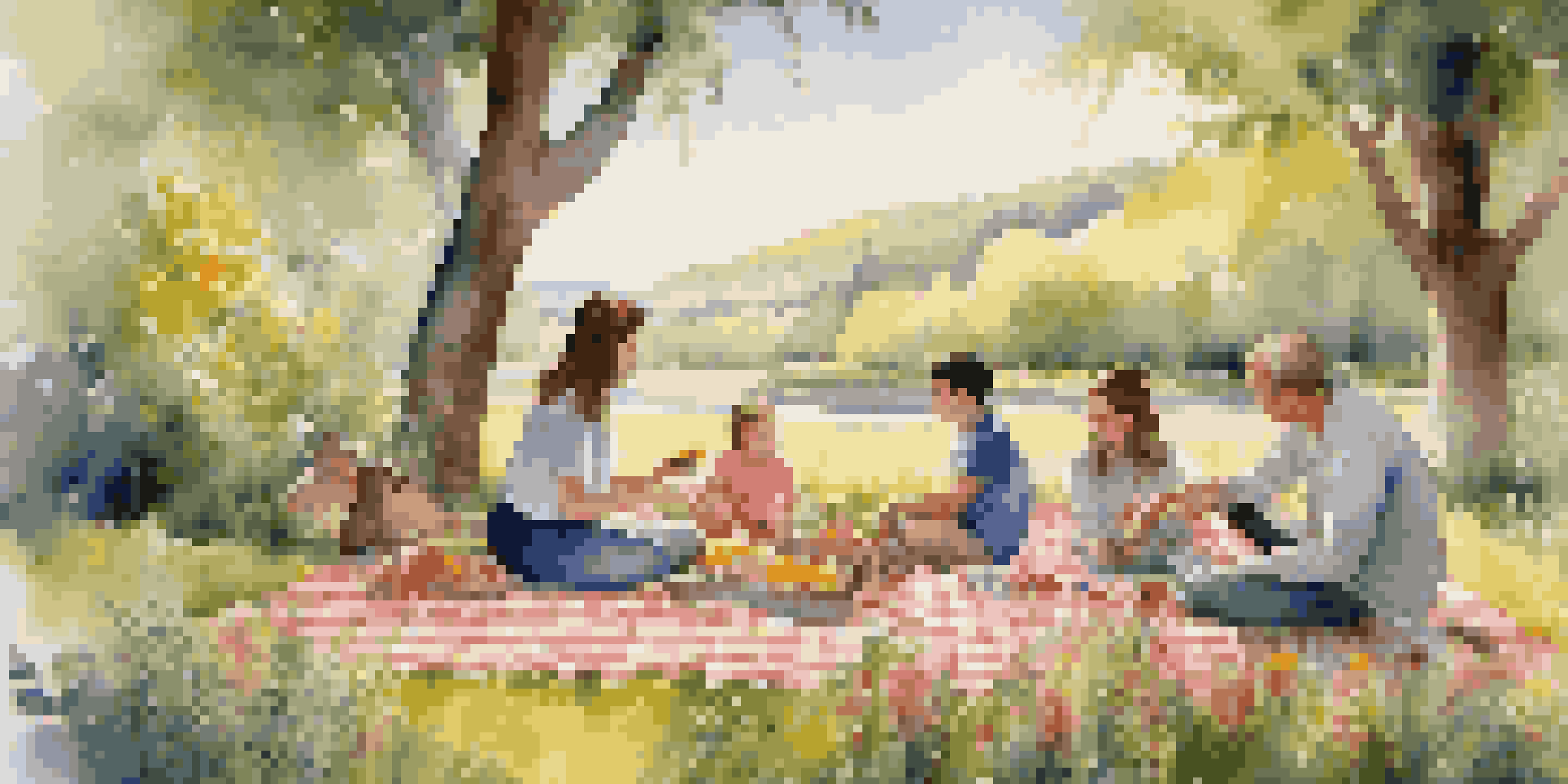 A family having a picnic by the roadside with colorful snacks and fruits on a checkered blanket, surrounded by greenery.