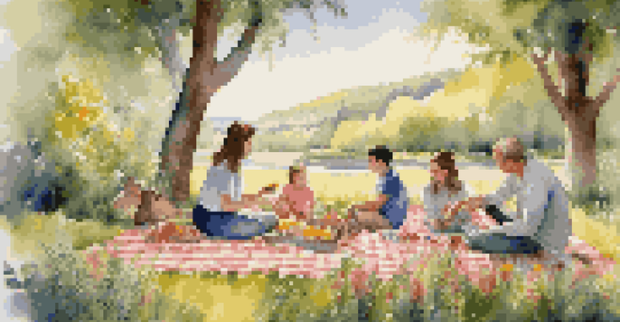 A family having a picnic by the roadside with colorful snacks and fruits on a checkered blanket, surrounded by greenery.