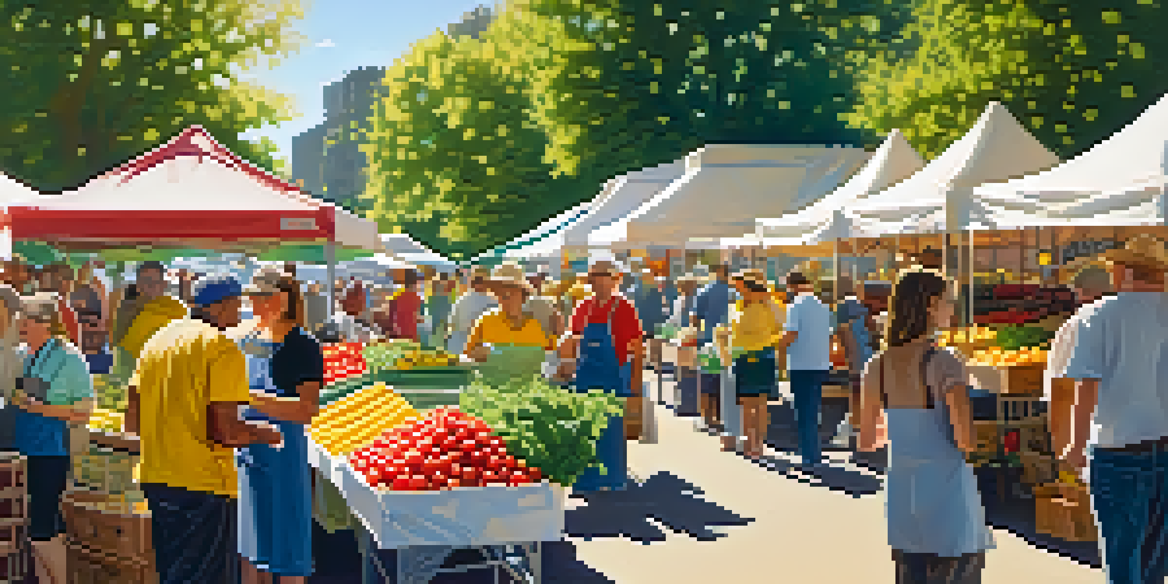 A lively farmers market with colorful stalls of fresh produce and people interacting under dappled sunlight.